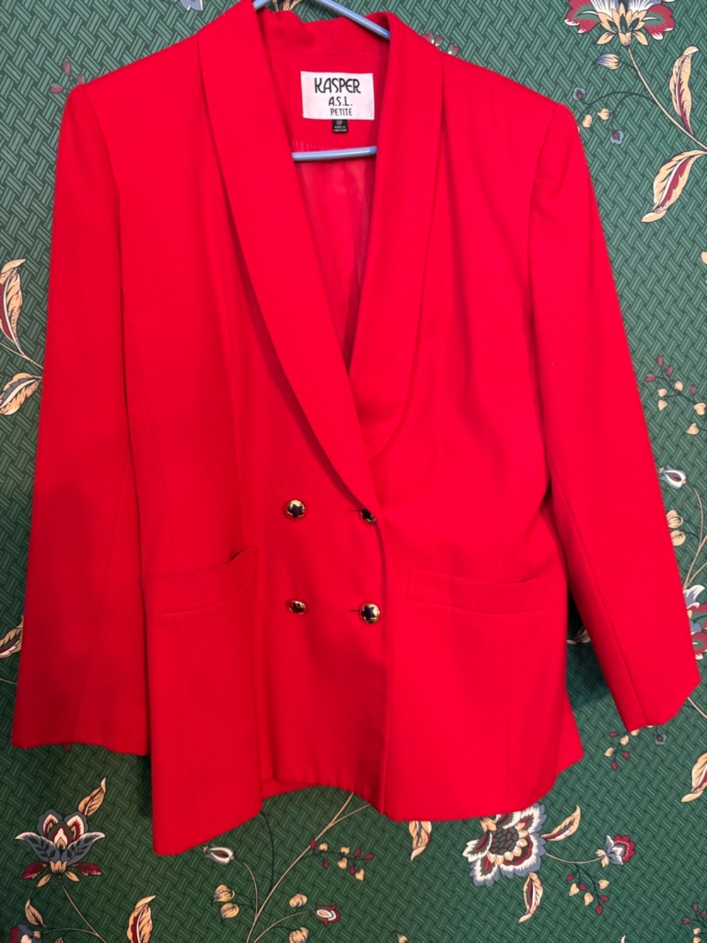 Kasper Petite Women's Red Double-Breasted Blazer + Star Accent Buttons